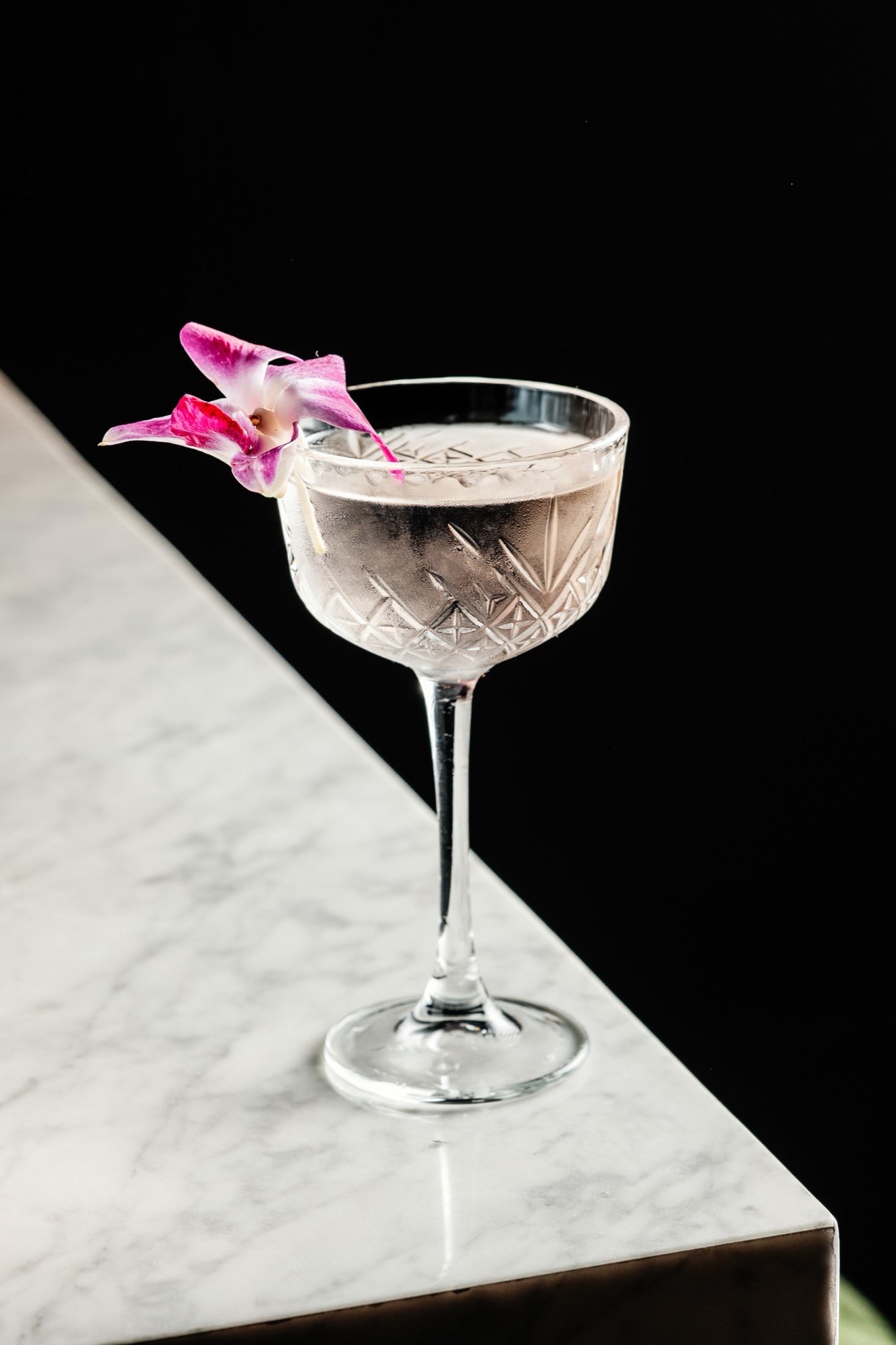 A finished cocktail in a coupe