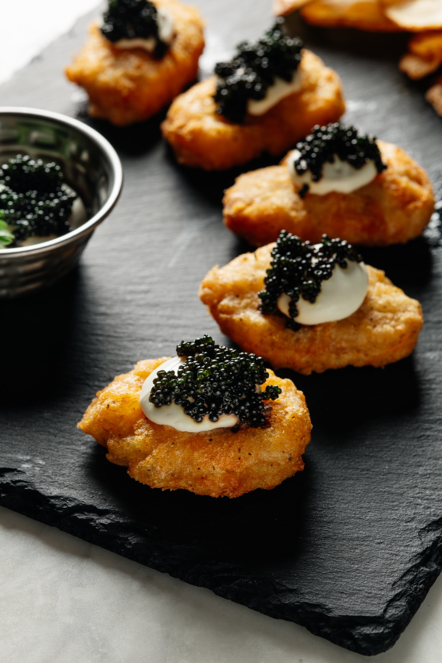 Caviar canapés plated for service