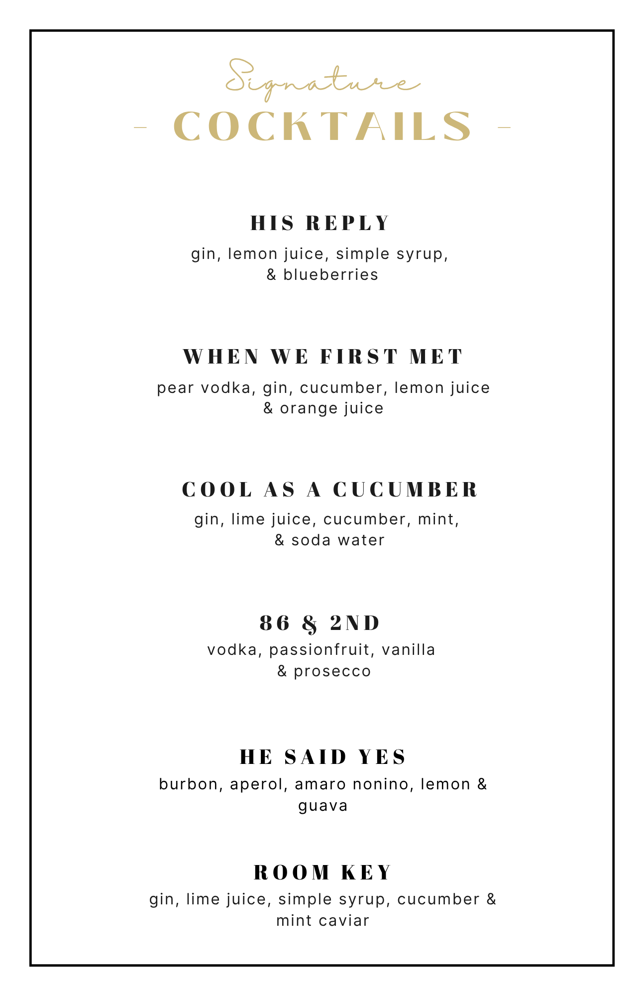 It's Him cocktail menu, page one