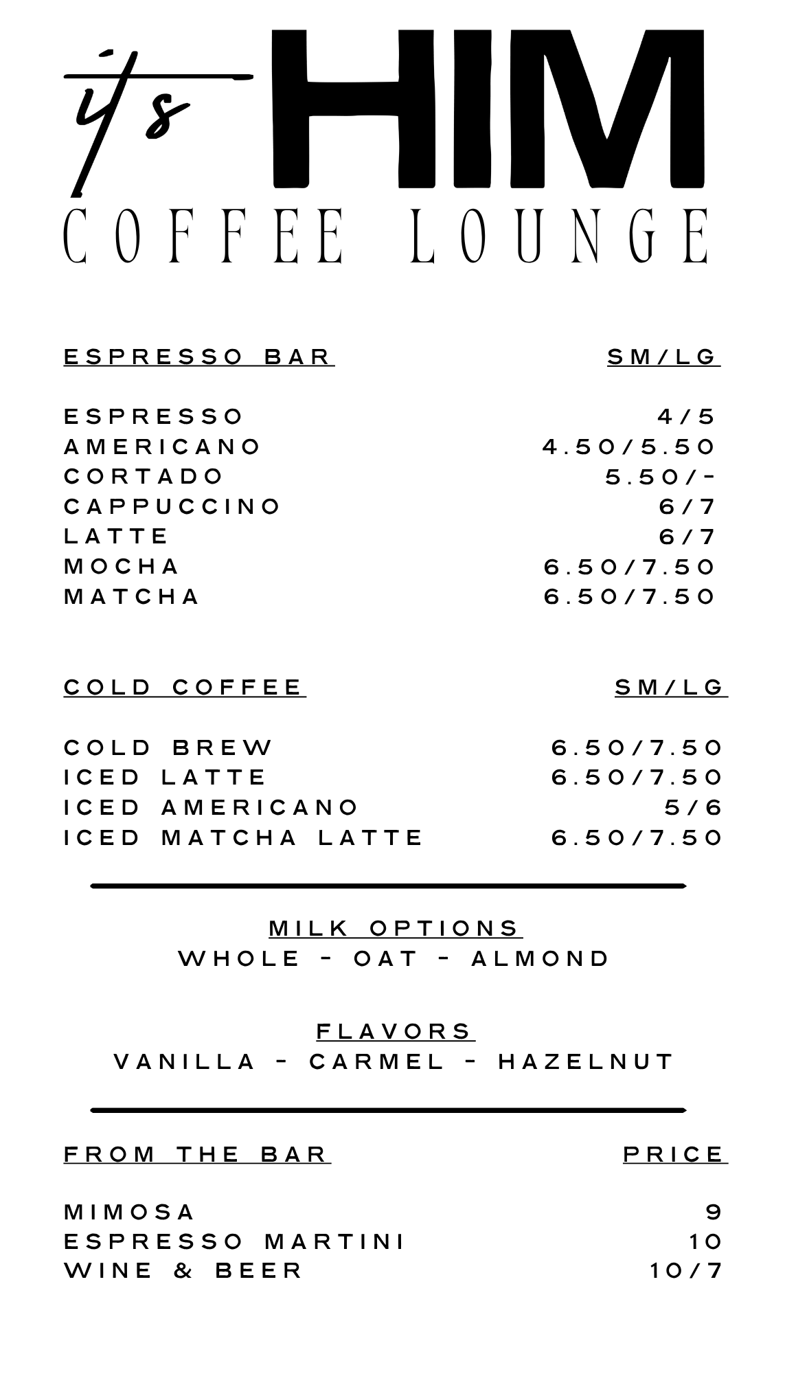 It's Him coffee menu, page one