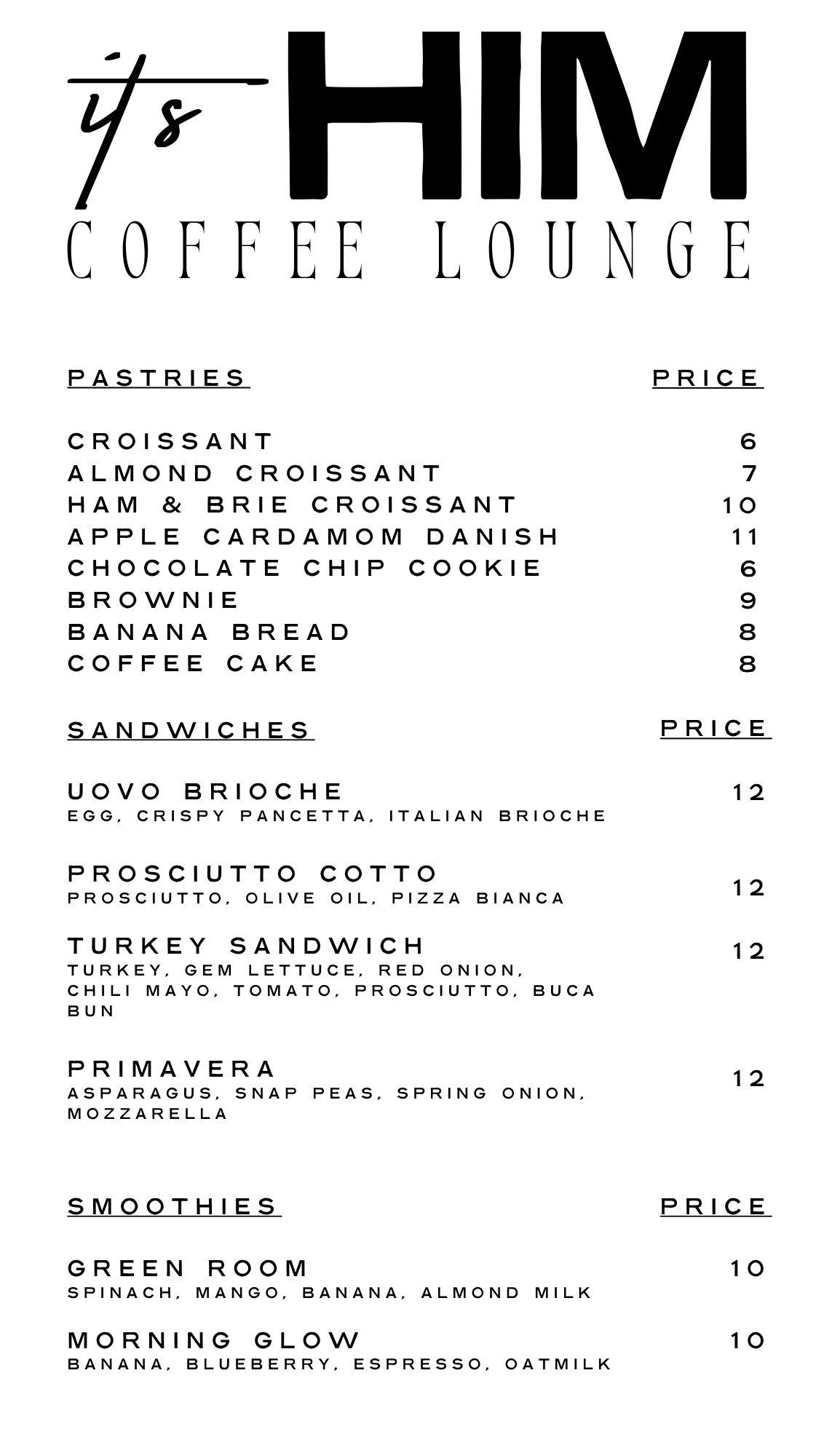It's Him coffee menu, page two